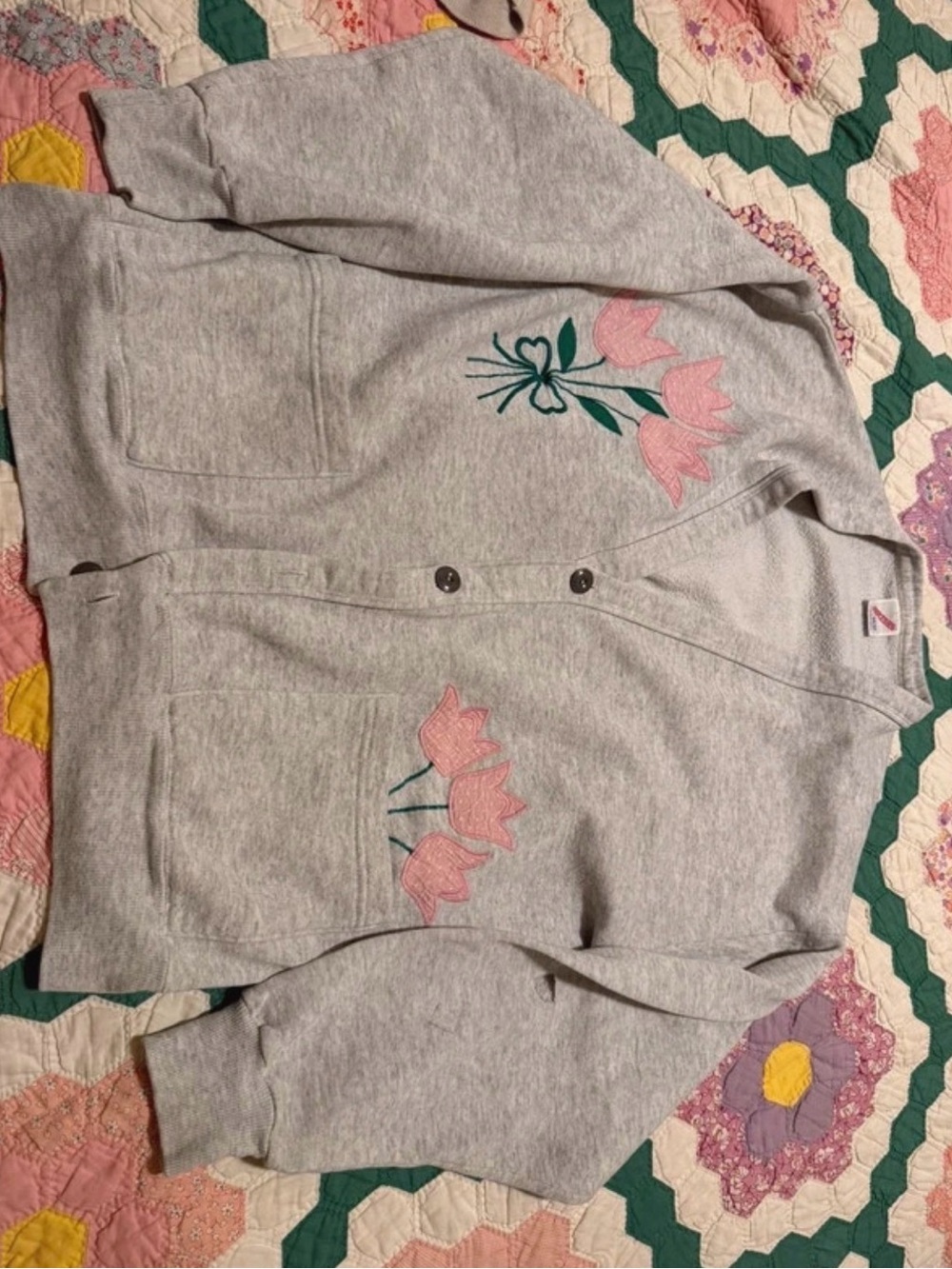 Jerzees Light Gray Cardigan with Pink Floral Appliqué